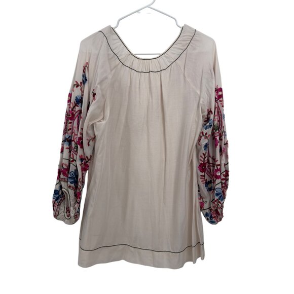 Max Studio Womens Embroidered Sleeve Boho Peasant Blouse SZ S 100% Rayon Beige - Picture 9 of 11
